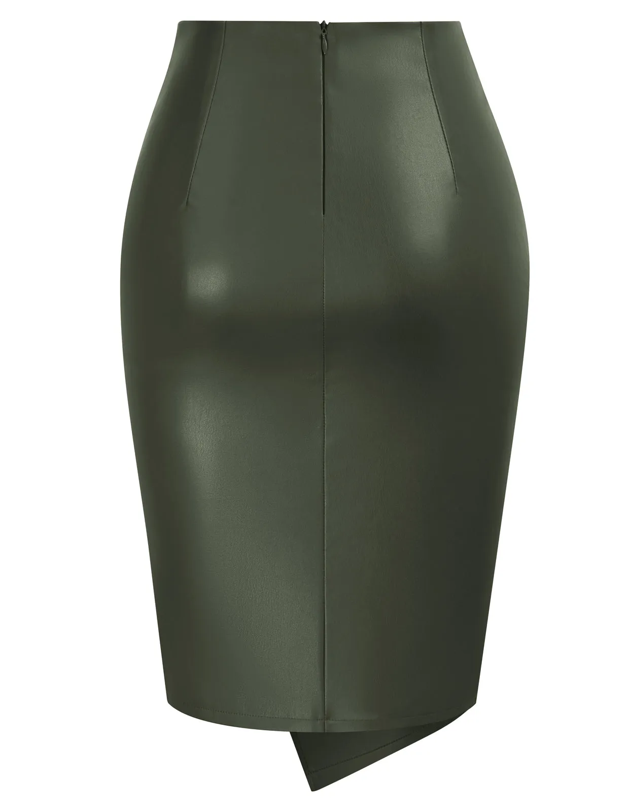 PU Leather Pencil Skirt Knee Length Knot-Front Hips-Wrapped Skirt