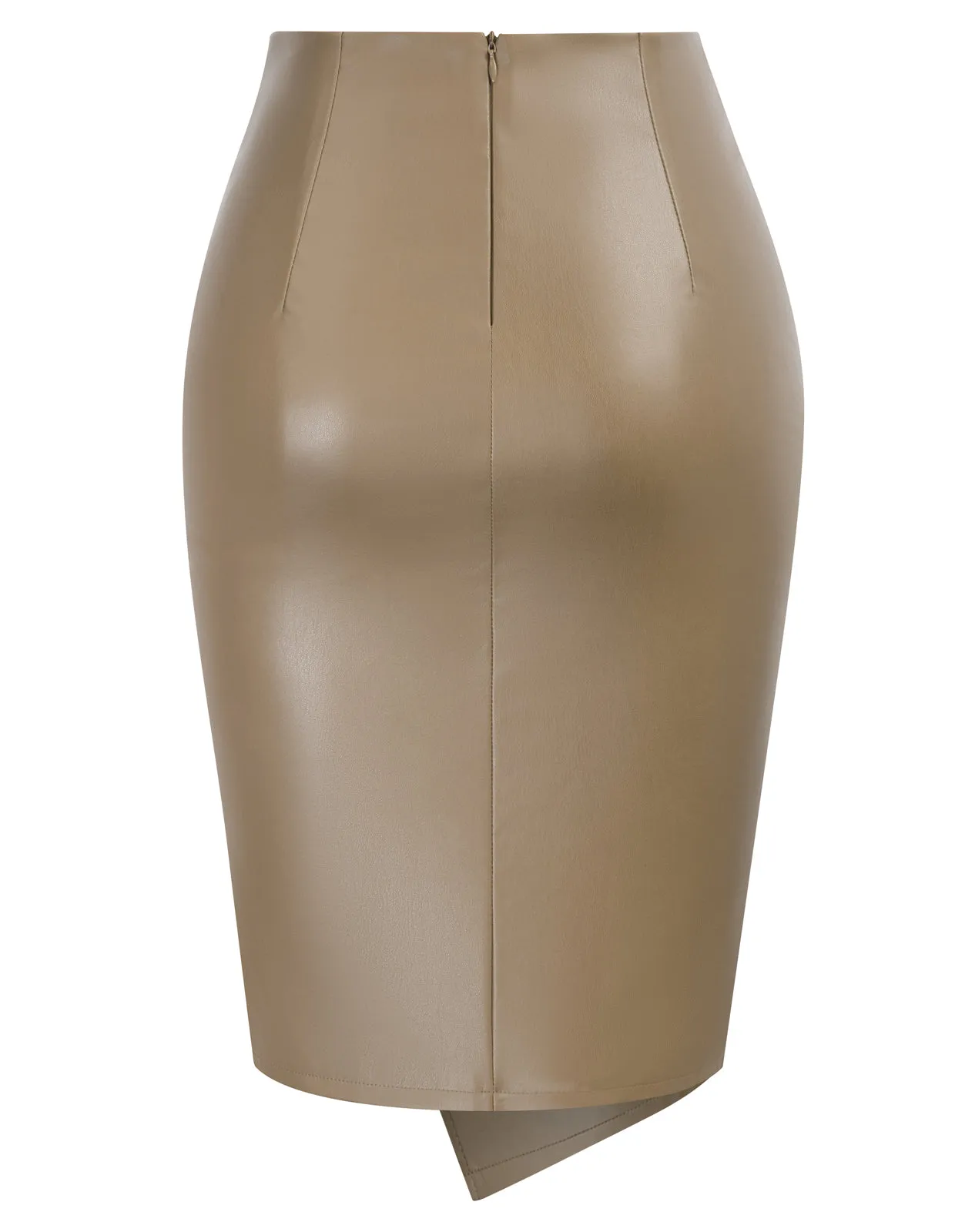PU Leather Pencil Skirt Knee Length Knot-Front Hips-Wrapped Skirt