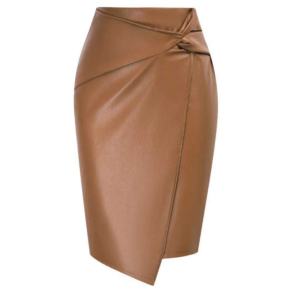 PU Leather Pencil Skirt Knee Length Knot-Front Hips-Wrapped Skirt
