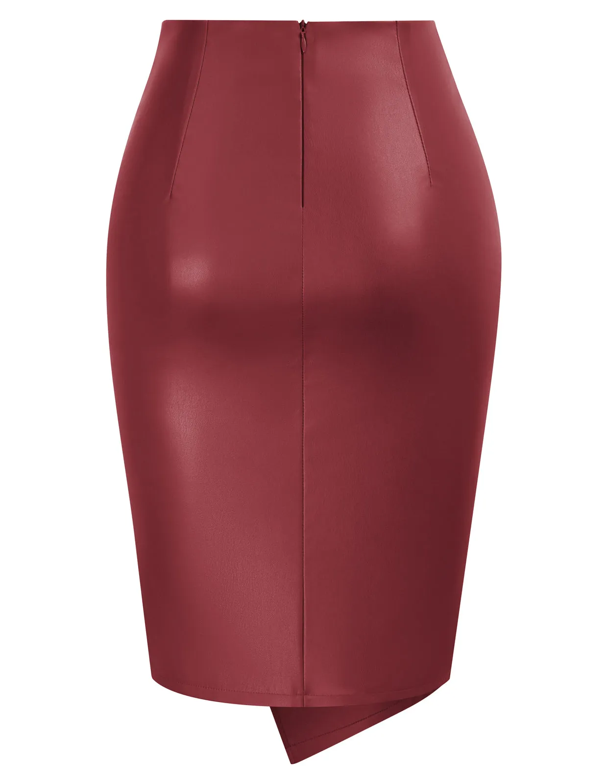 PU Leather Pencil Skirt Knee Length Knot-Front Hips-Wrapped Skirt
