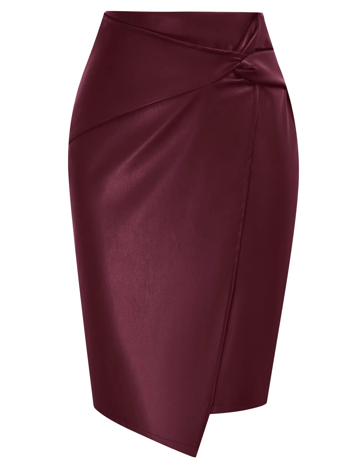 PU Leather Pencil Skirt Knee Length Knot-Front Hips-Wrapped Skirt