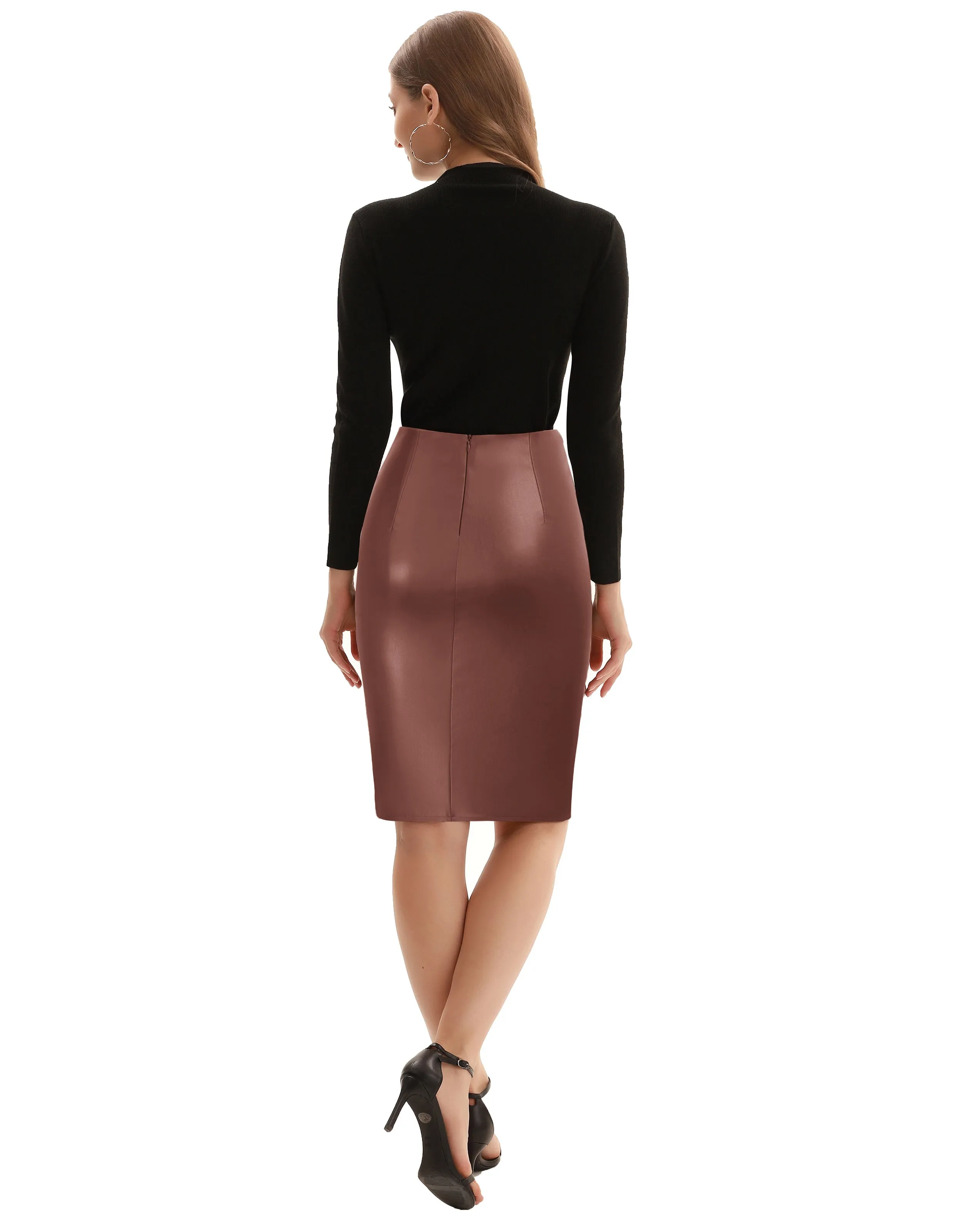 PU Leather Pencil Skirt Knee Length Knot-Front Hips-Wrapped Skirt
