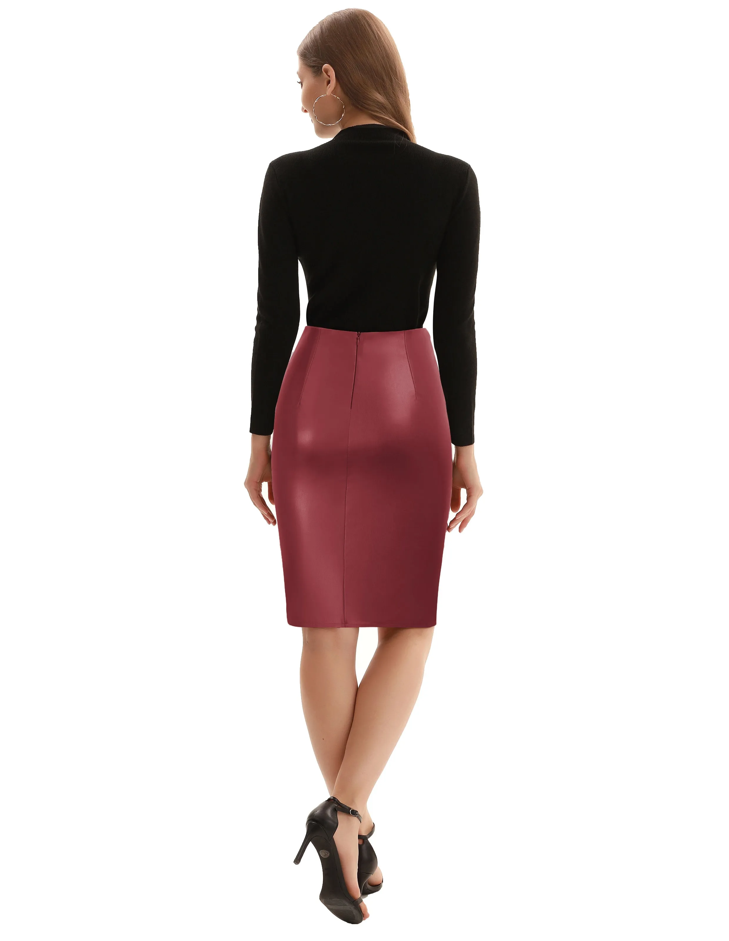 PU Leather Pencil Skirt Knee Length Knot-Front Hips-Wrapped Skirt