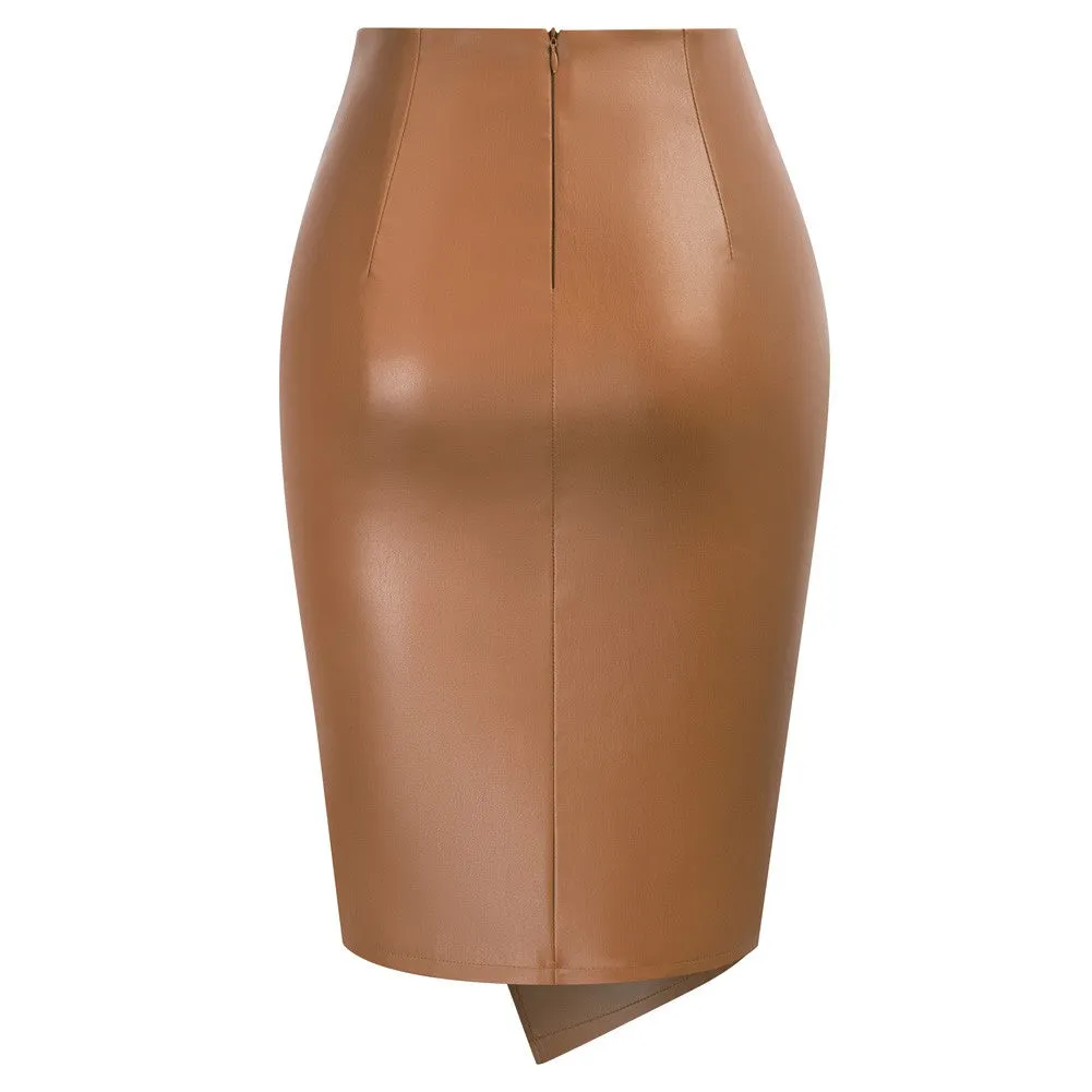 PU Leather Pencil Skirt Knee Length Knot-Front Hips-Wrapped Skirt