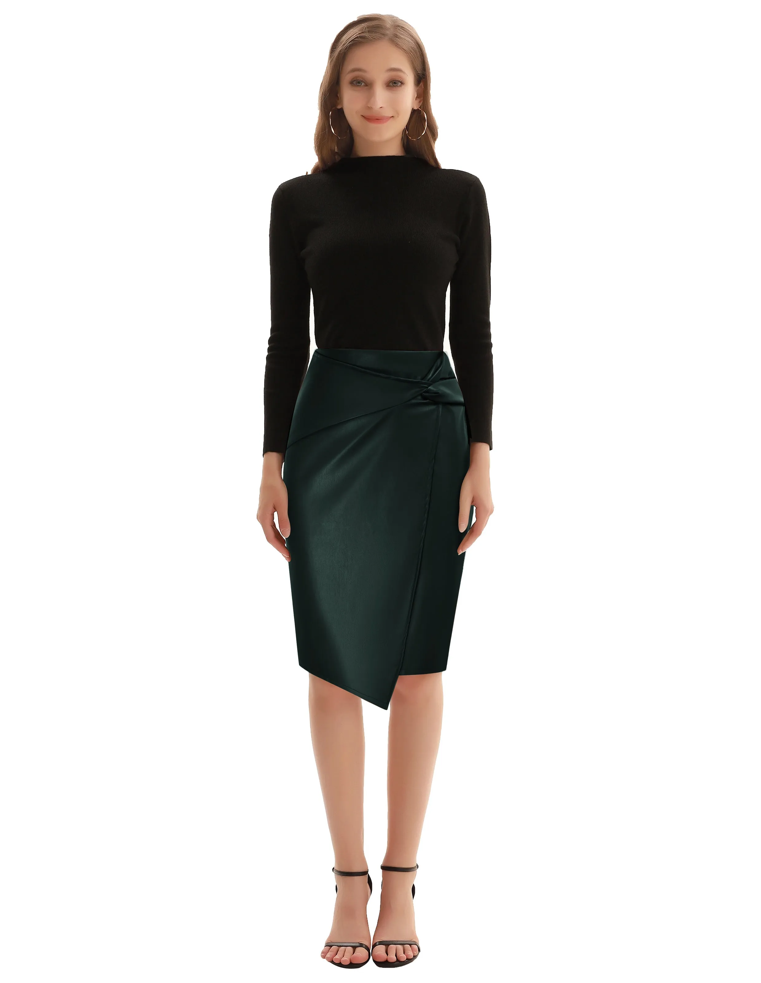 PU Leather Pencil Skirt Knee Length Knot-Front Hips-Wrapped Skirt