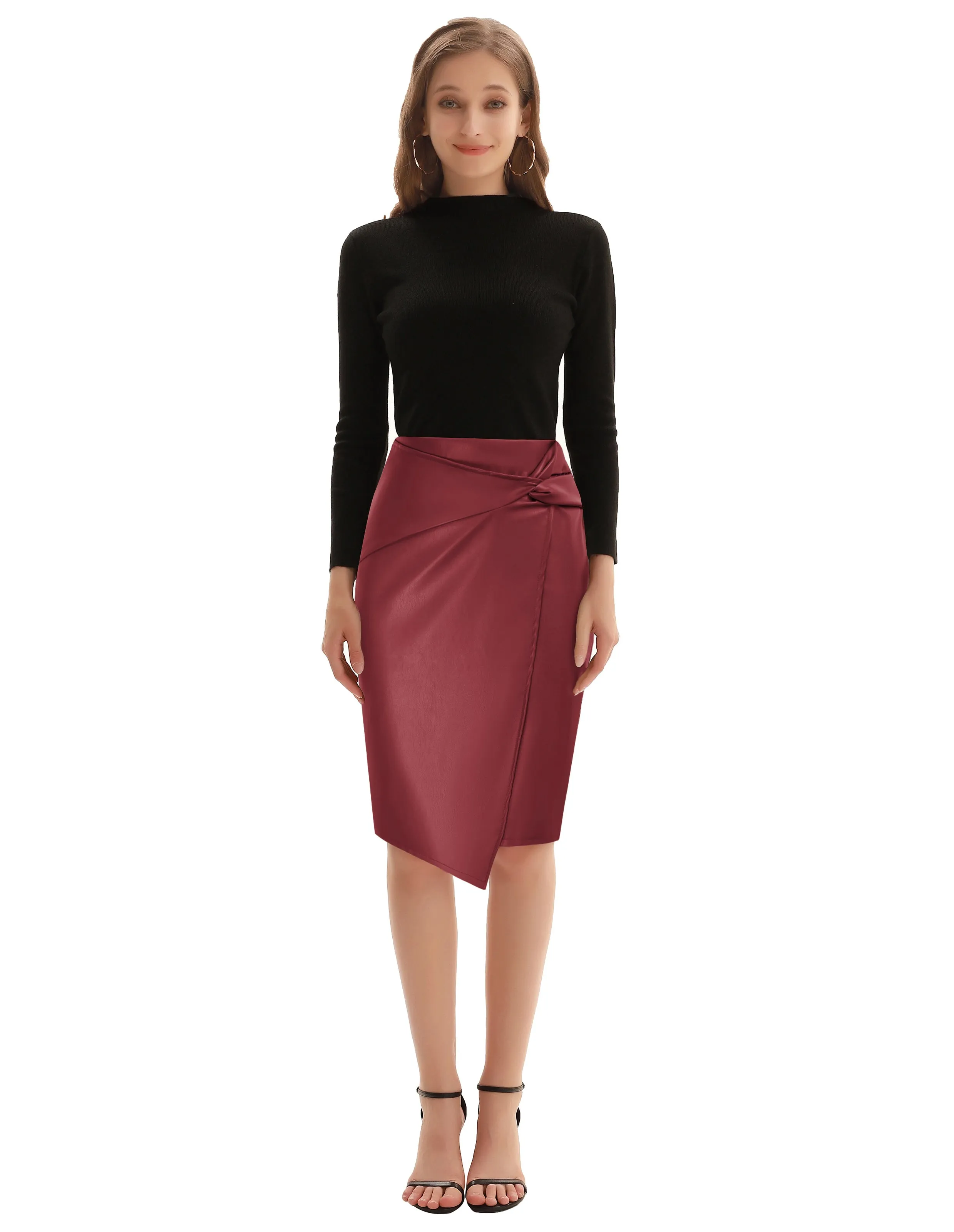 PU Leather Pencil Skirt Knee Length Knot-Front Hips-Wrapped Skirt