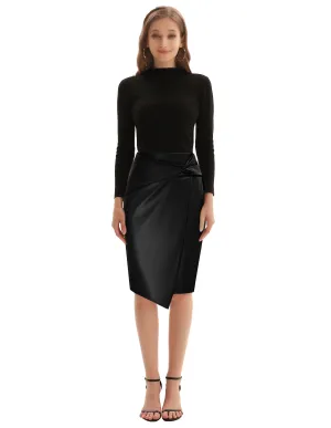 PU Leather Pencil Skirt Knee Length Knot-Front Hips-Wrapped Skirt