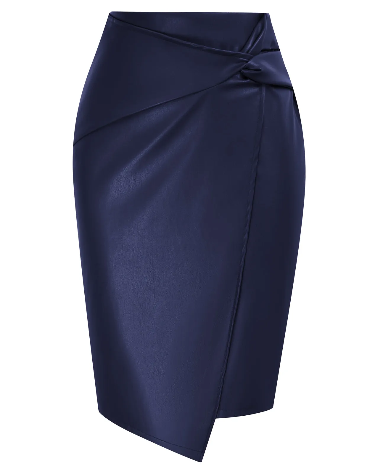 PU Leather Pencil Skirt Knee Length Knot-Front Hips-Wrapped Skirt