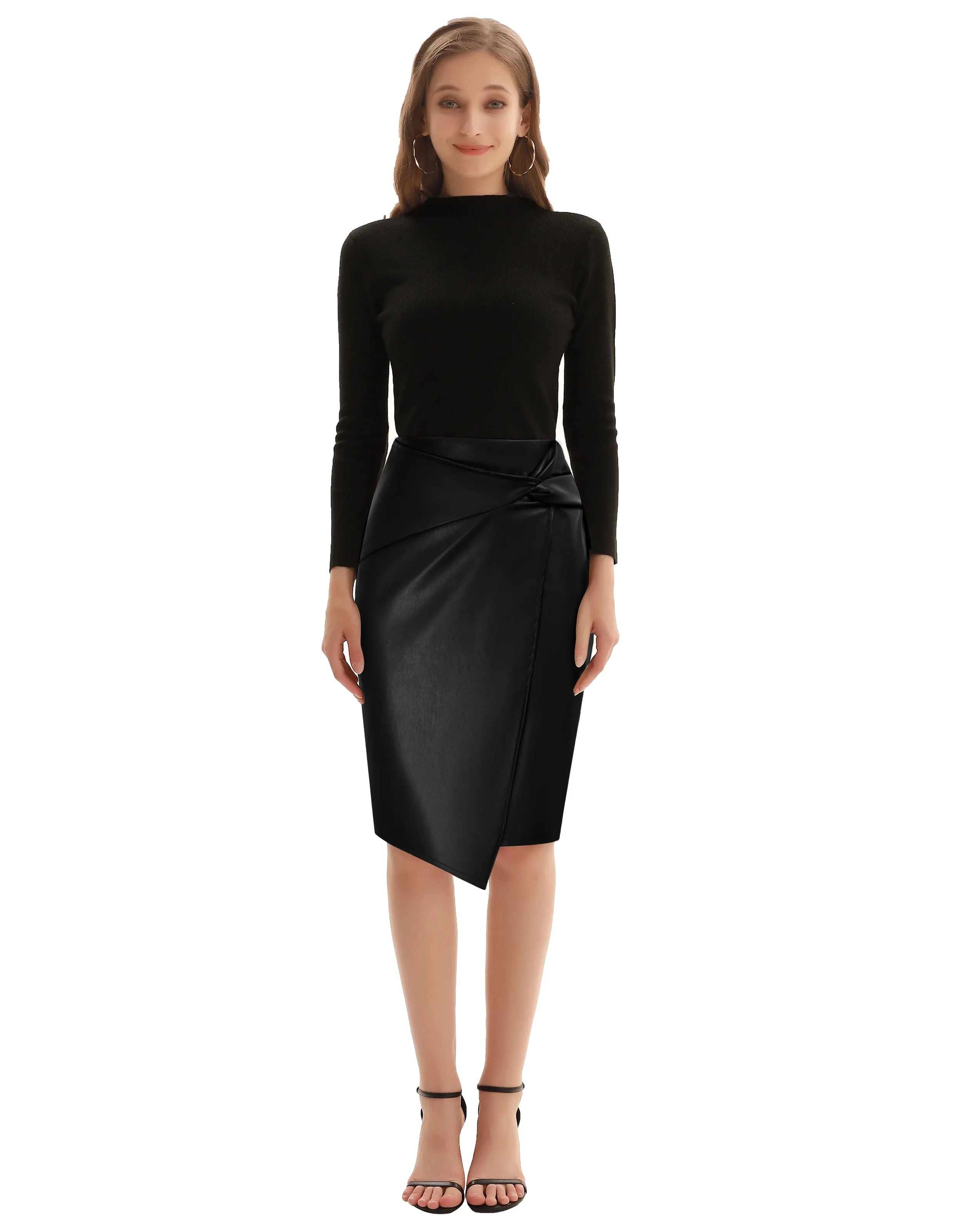 PU Leather Pencil Skirt Knee Length Knot-Front Hips-Wrapped Skirt