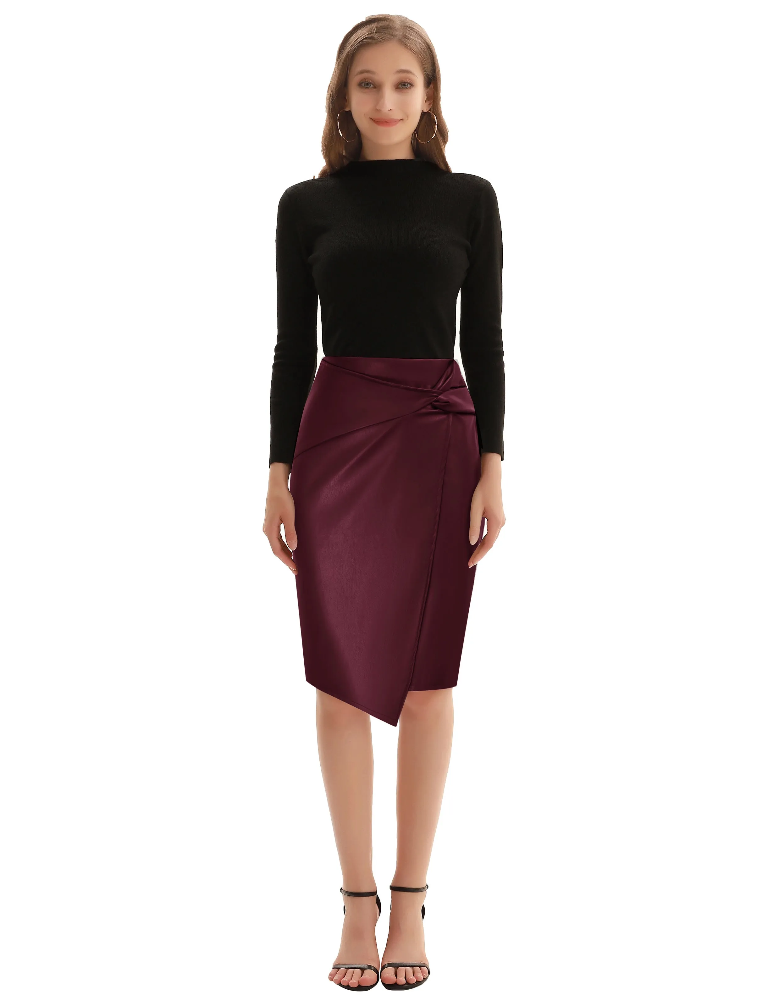 PU Leather Pencil Skirt Knee Length Knot-Front Hips-Wrapped Skirt