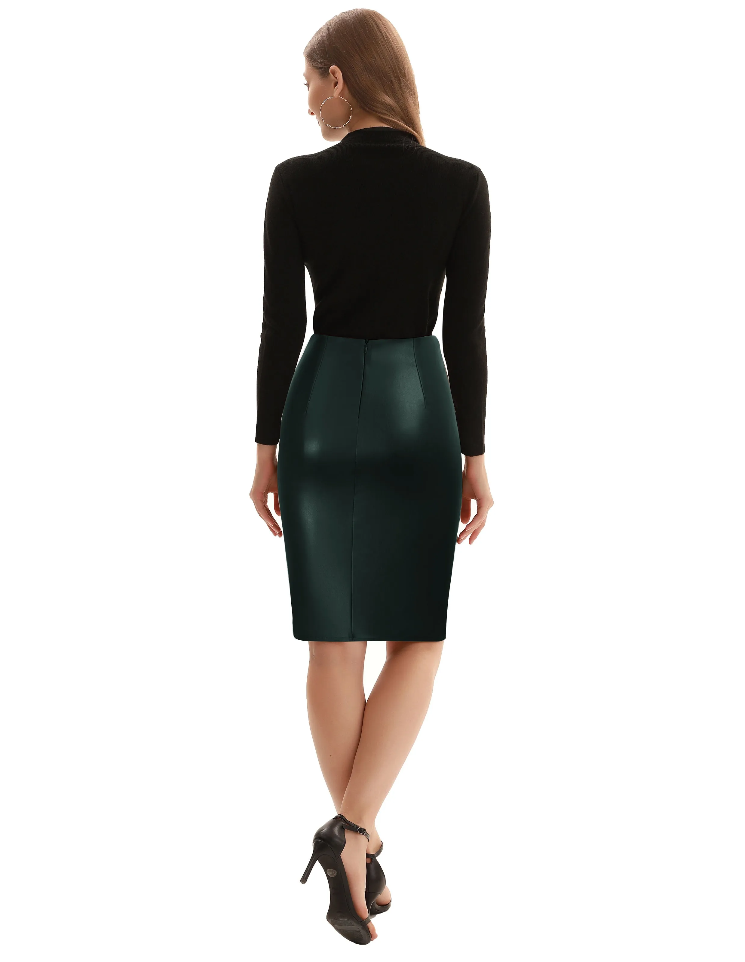PU Leather Pencil Skirt Knee Length Knot-Front Hips-Wrapped Skirt