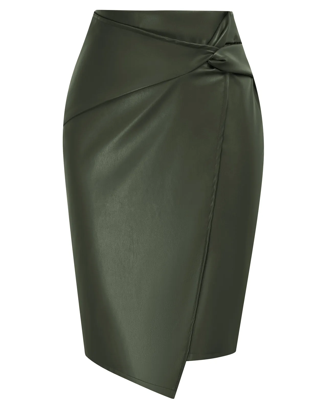 PU Leather Pencil Skirt Knee Length Knot-Front Hips-Wrapped Skirt