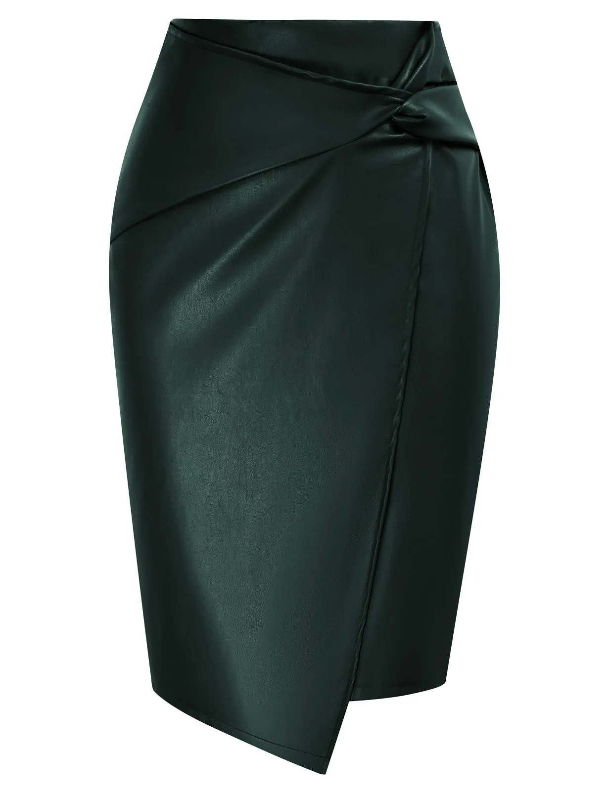 PU Leather Pencil Skirt Knee Length Knot-Front Hips-Wrapped Skirt