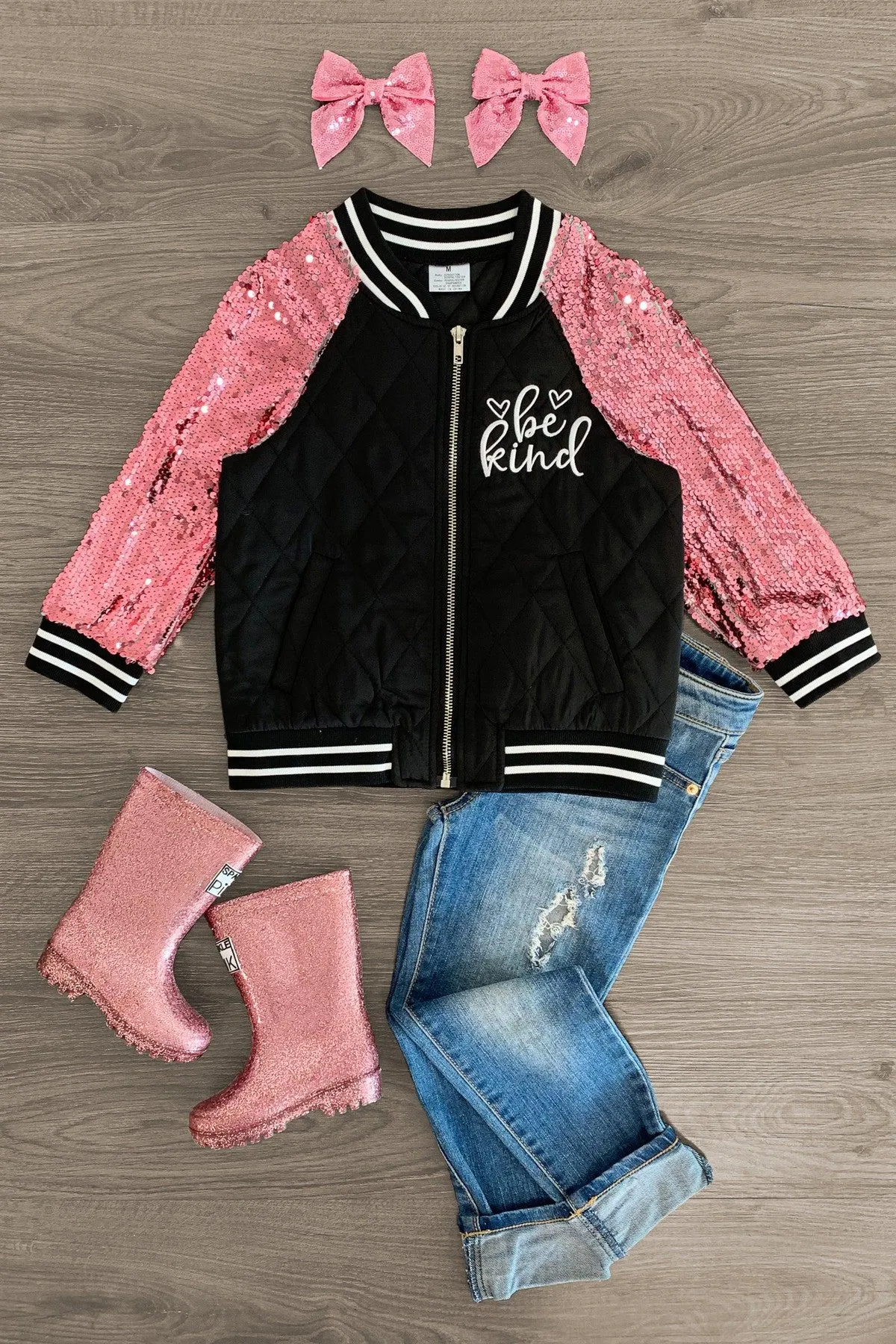 "Be Kind" Black & Pink Sequin Bomber Jacket