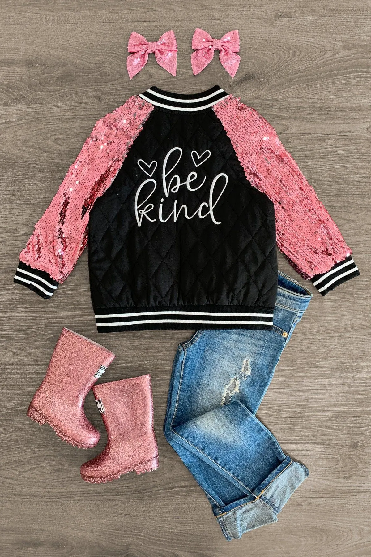 "Be Kind" Black & Pink Sequin Bomber Jacket