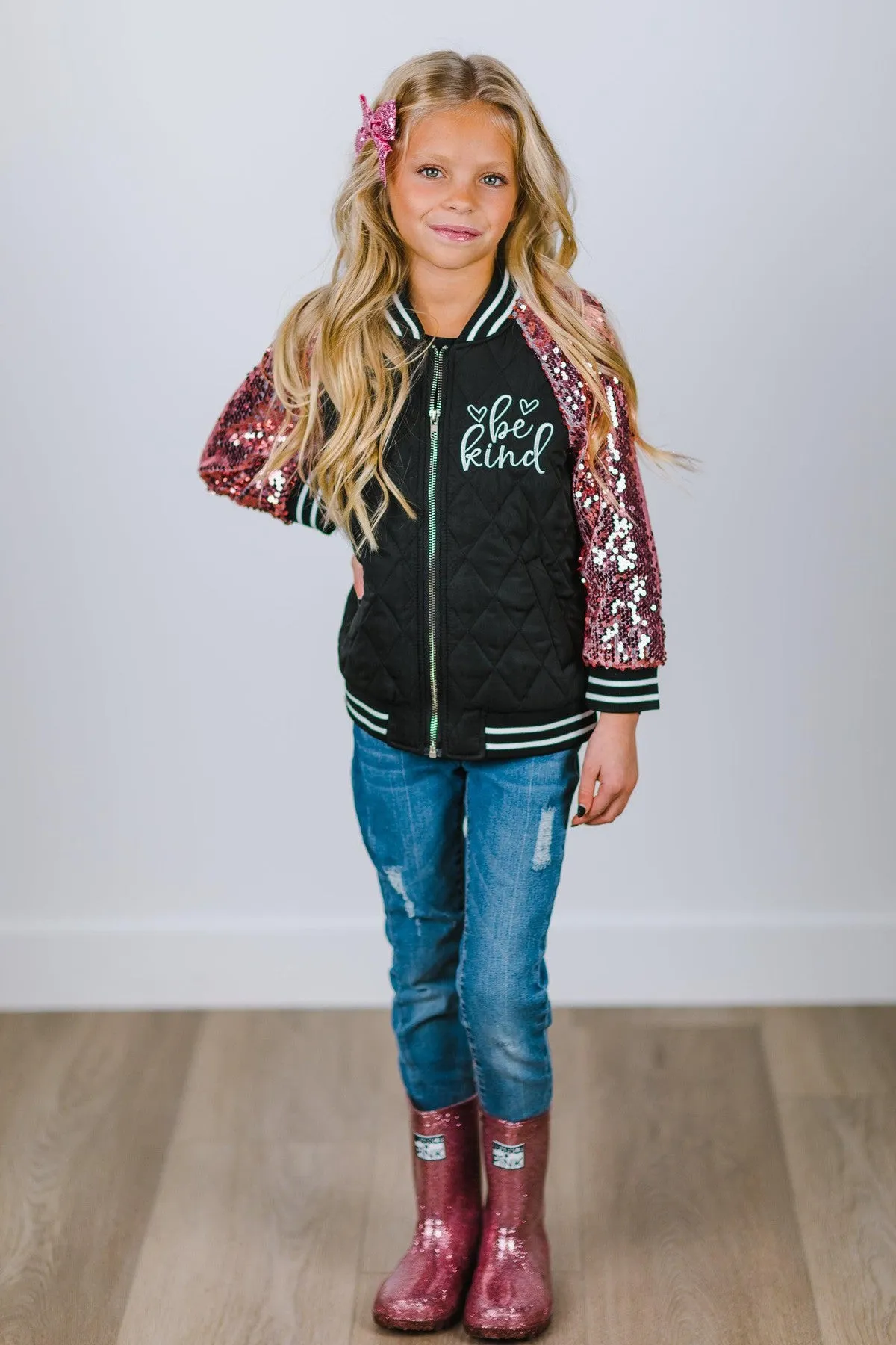 "Be Kind" Black & Pink Sequin Bomber Jacket