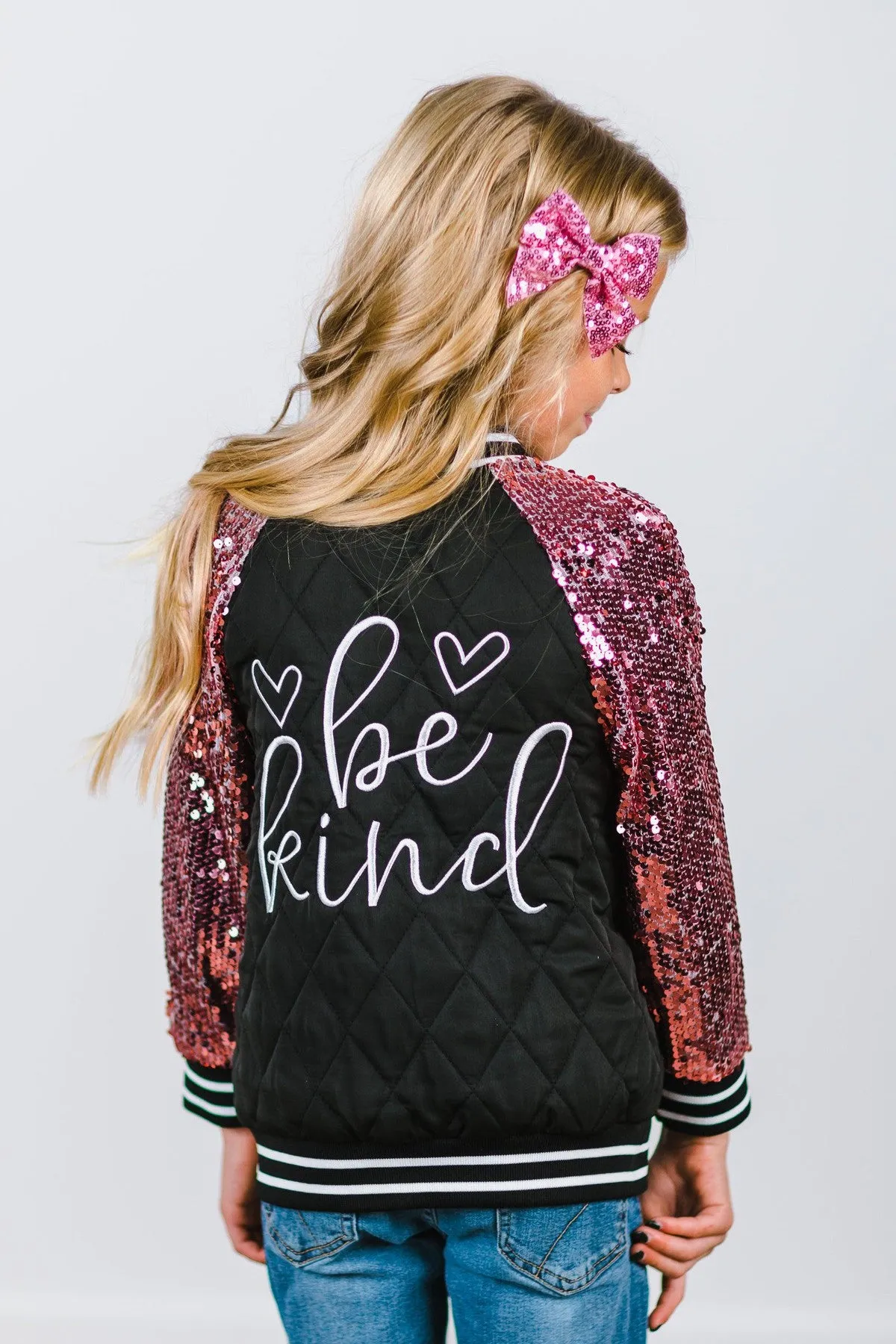 "Be Kind" Black & Pink Sequin Bomber Jacket