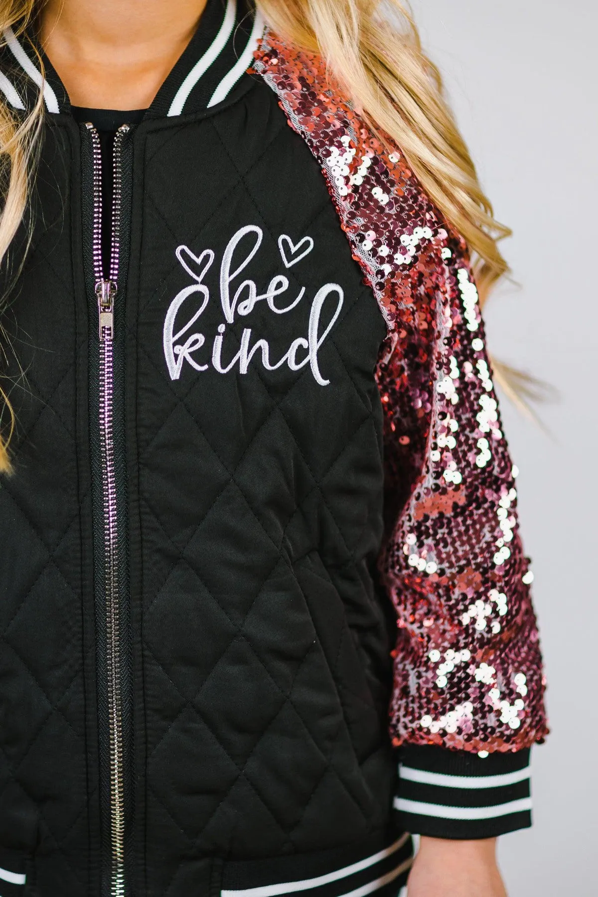 "Be Kind" Black & Pink Sequin Bomber Jacket
