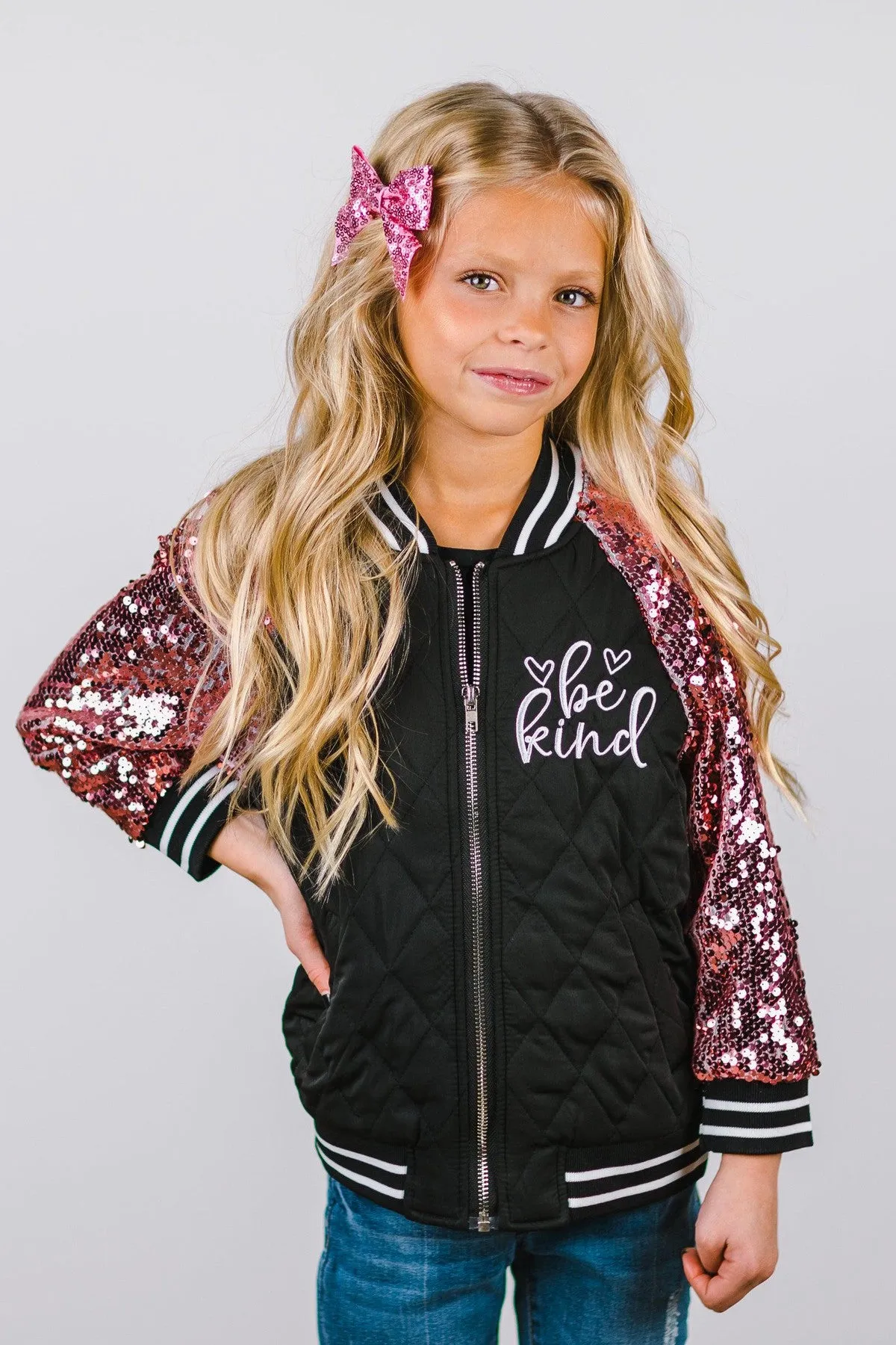 "Be Kind" Black & Pink Sequin Bomber Jacket