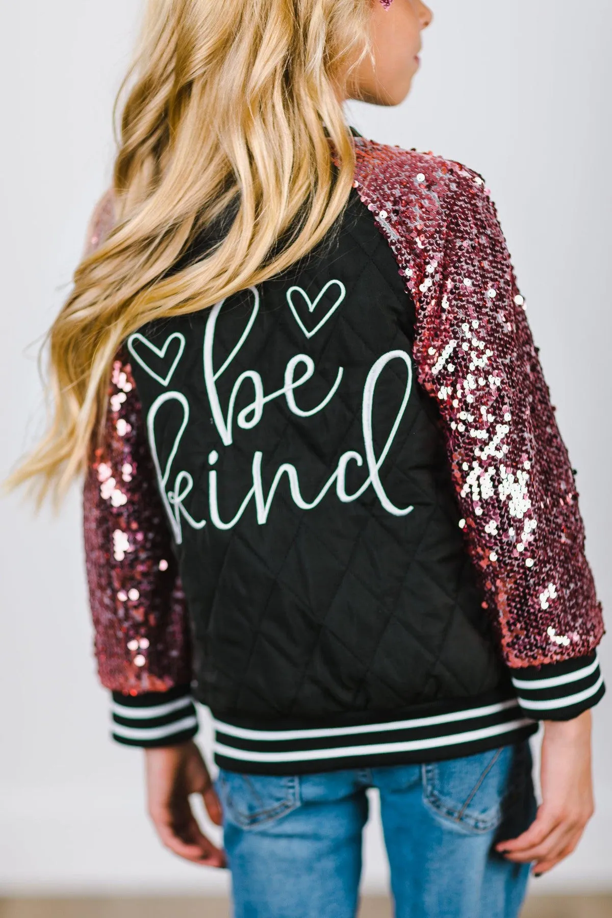 "Be Kind" Black & Pink Sequin Bomber Jacket