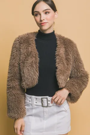 "Hot Cocoa" Light Brown Faux Fur  Cropped Jacket