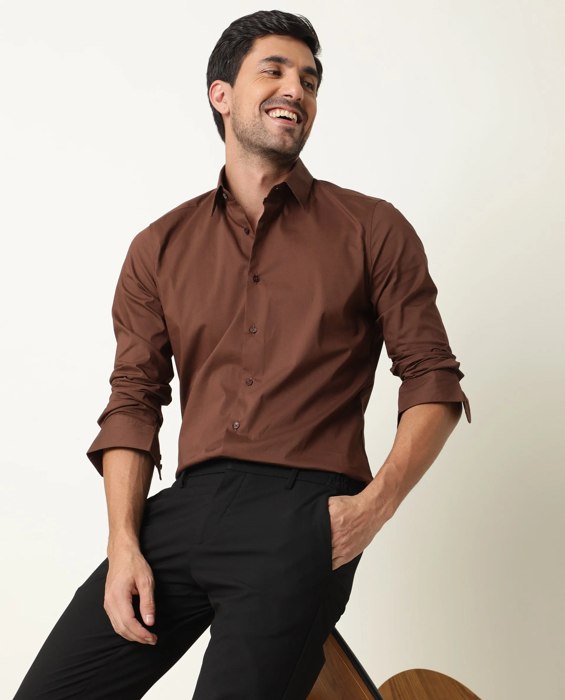 Rare Rabbit Mens Benedict Brown Cotton Stretch Drop Collar Full Sleeves Shirt
