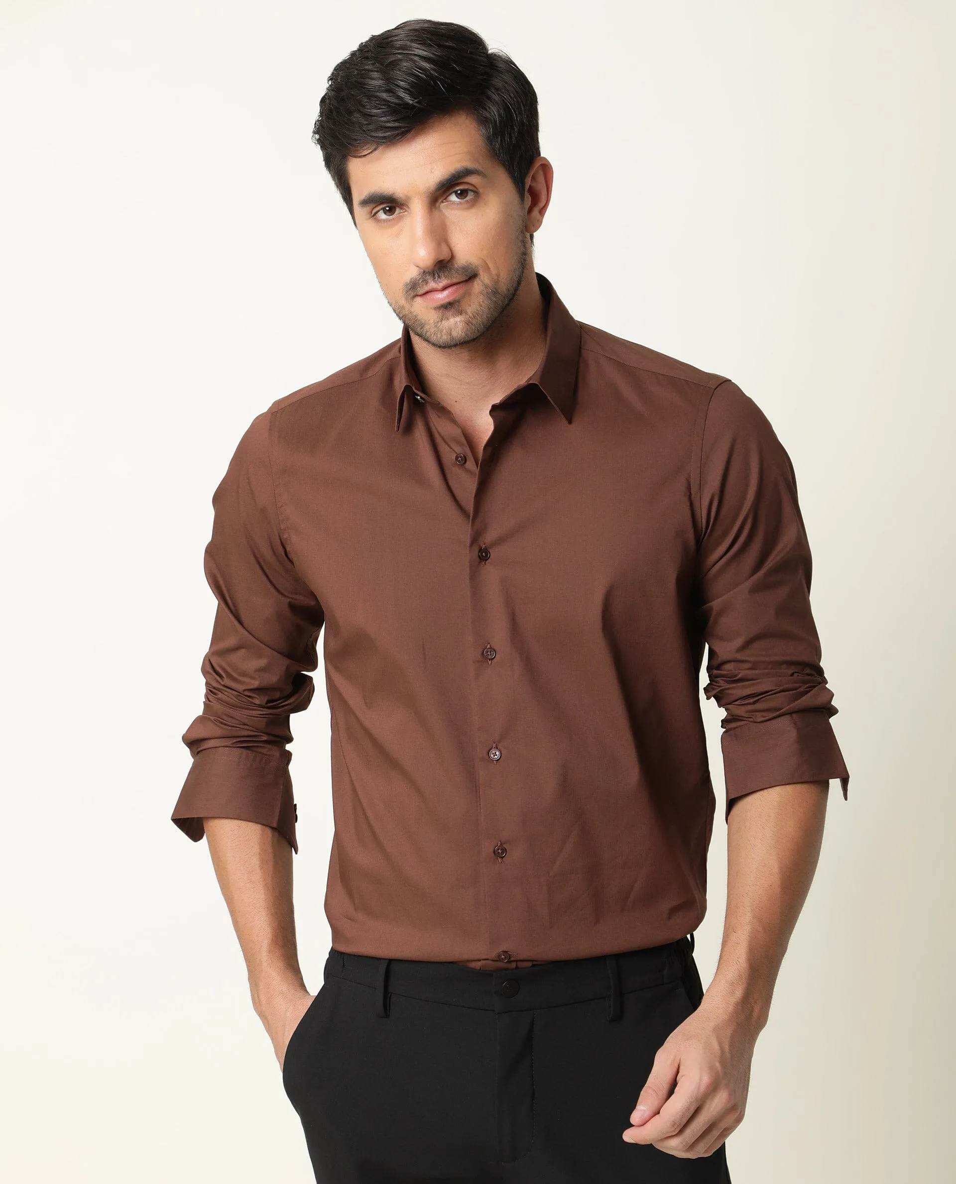 Rare Rabbit Mens Benedict Brown Cotton Stretch Drop Collar Full Sleeves Shirt