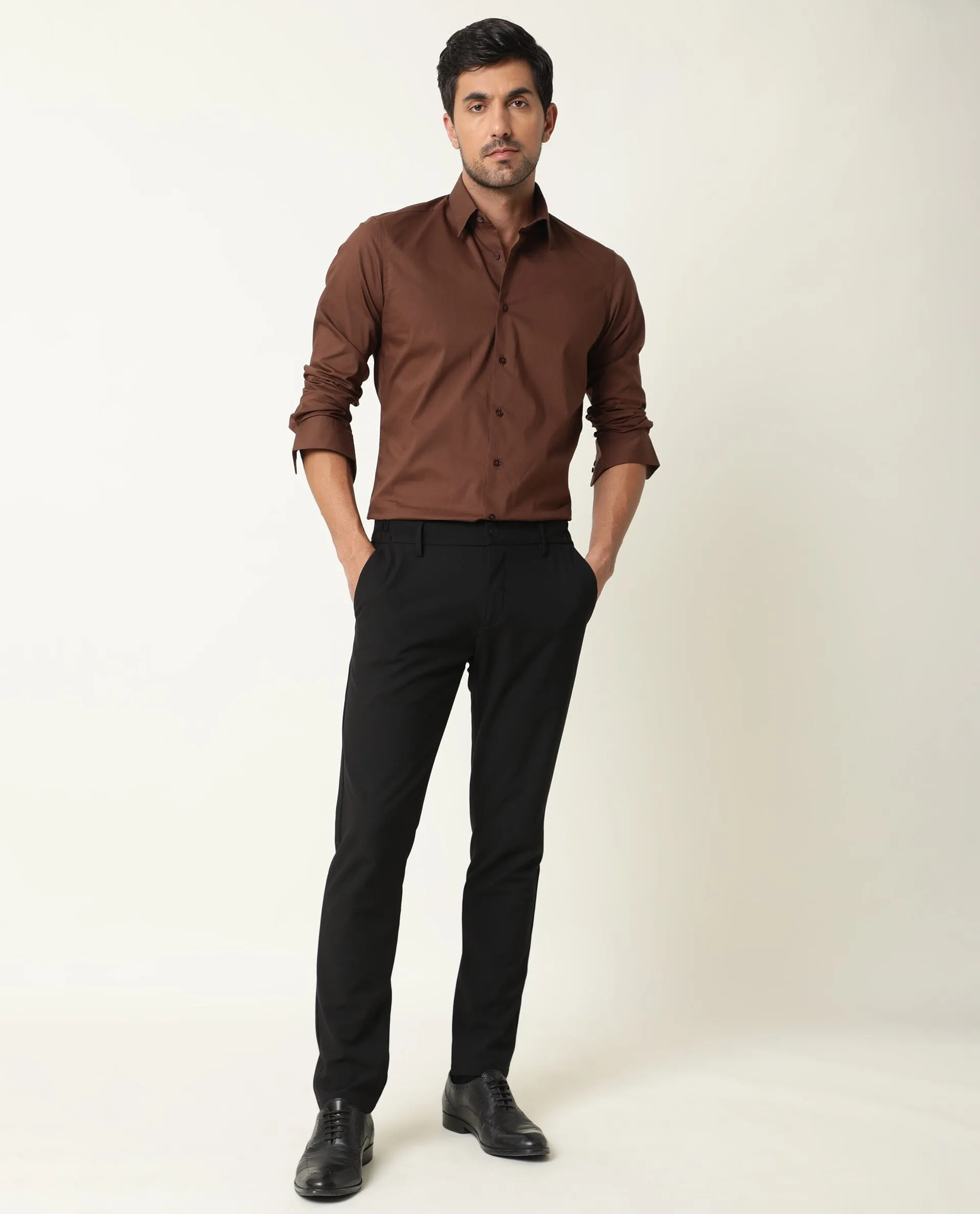 Rare Rabbit Mens Benedict Brown Cotton Stretch Drop Collar Full Sleeves Shirt