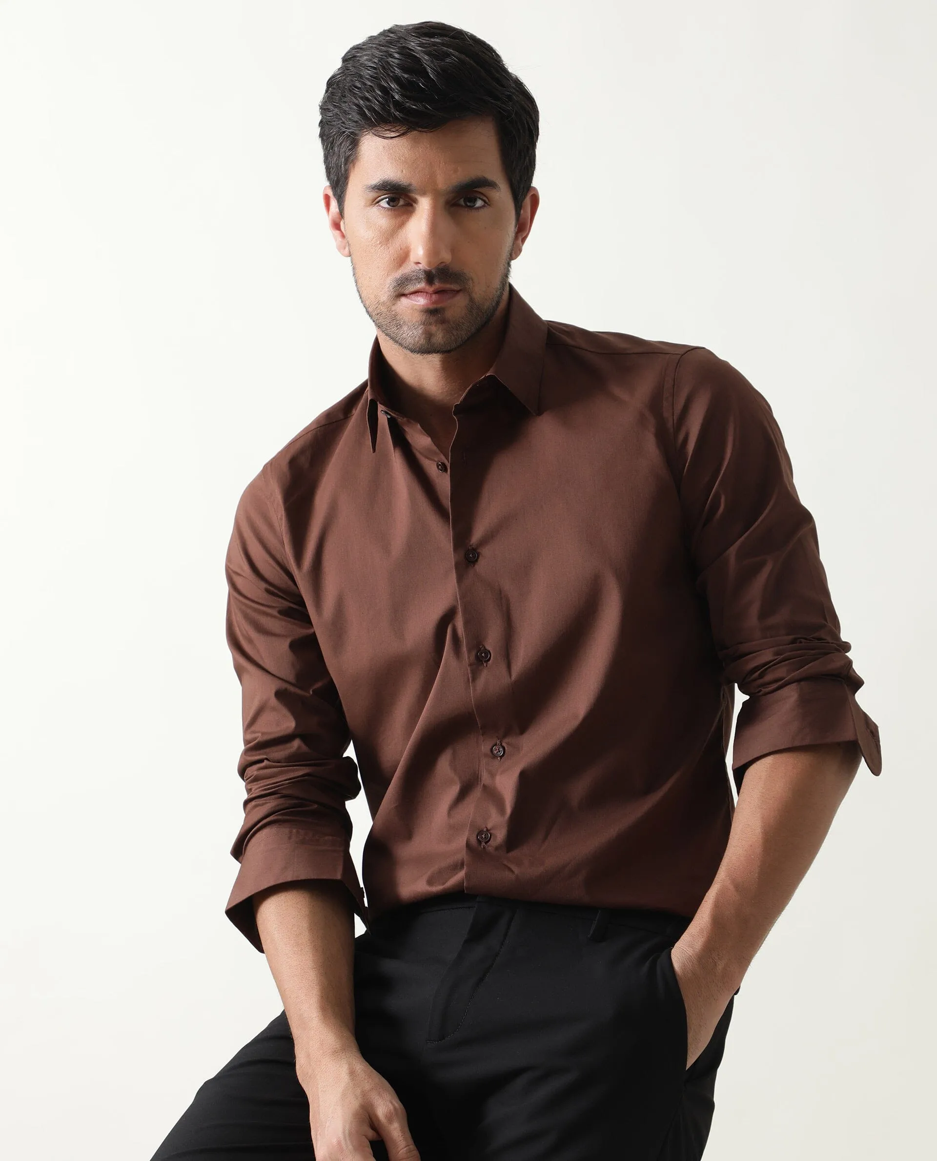 Rare Rabbit Mens Benedict Brown Cotton Stretch Drop Collar Full Sleeves Shirt