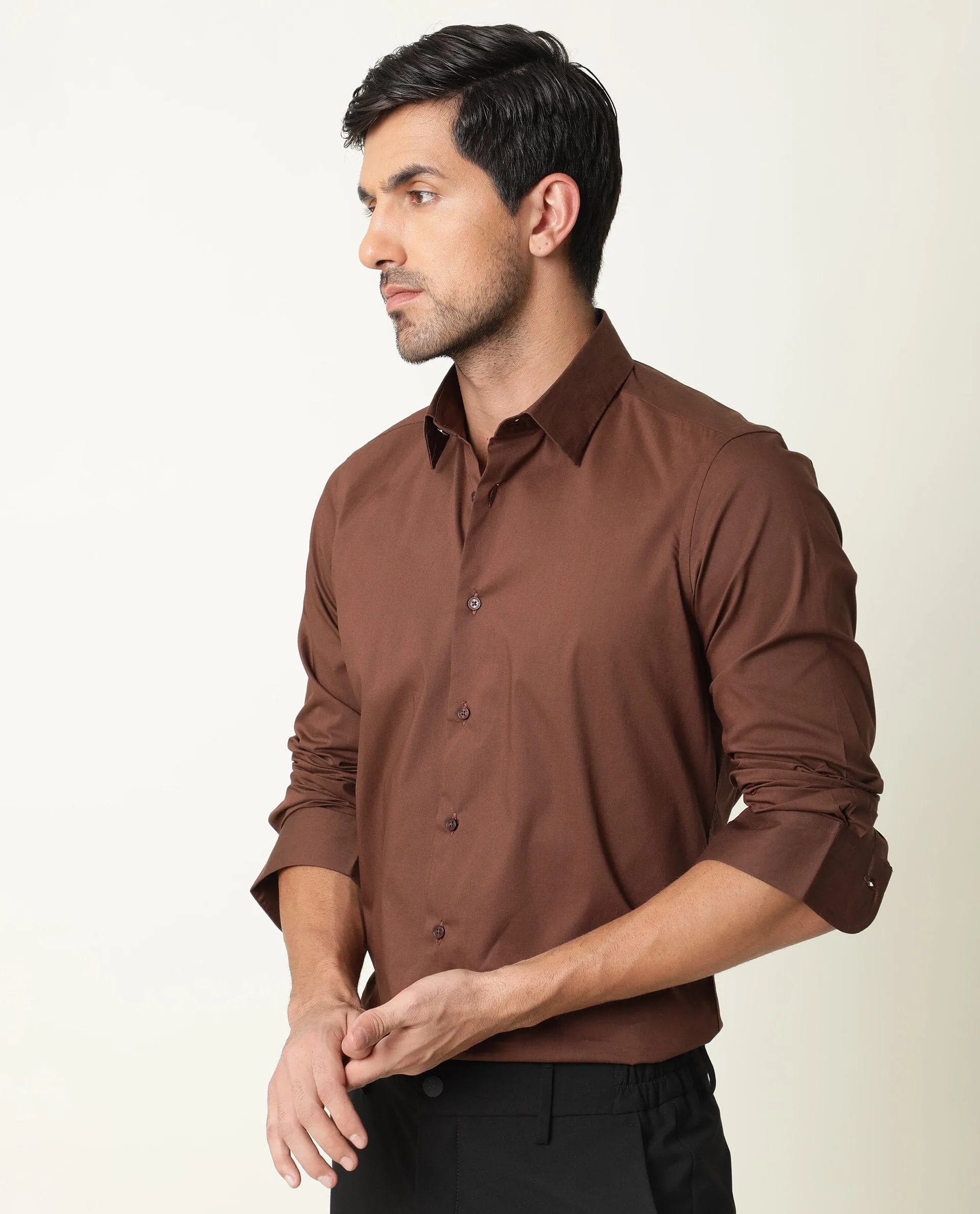 Rare Rabbit Mens Benedict Brown Cotton Stretch Drop Collar Full Sleeves Shirt