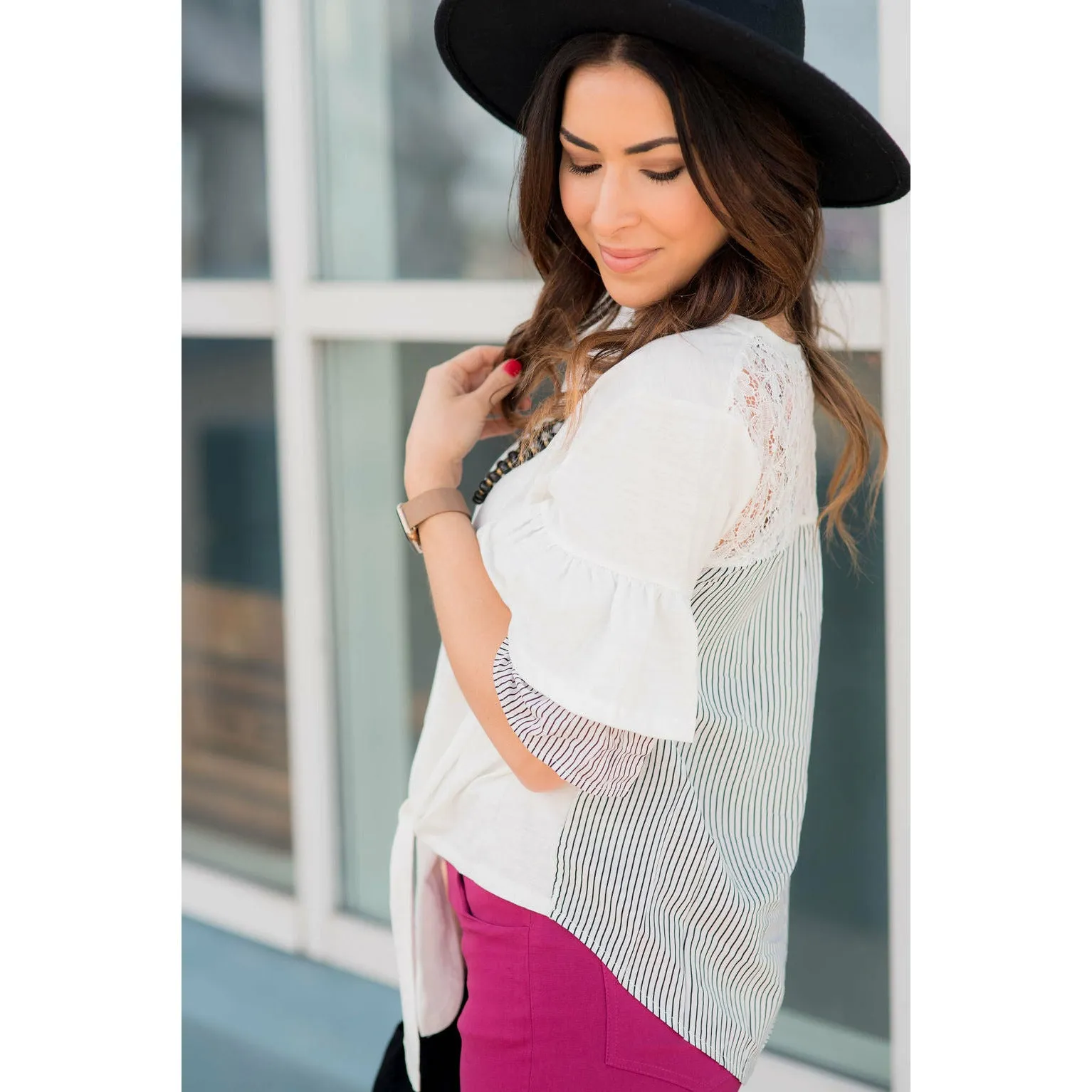 Tie Front Striped Accent Tee
