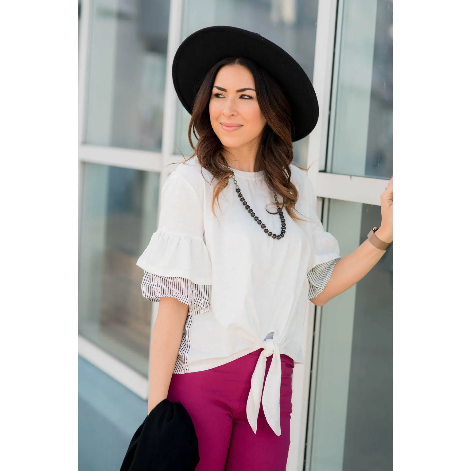 Tie Front Striped Accent Tee