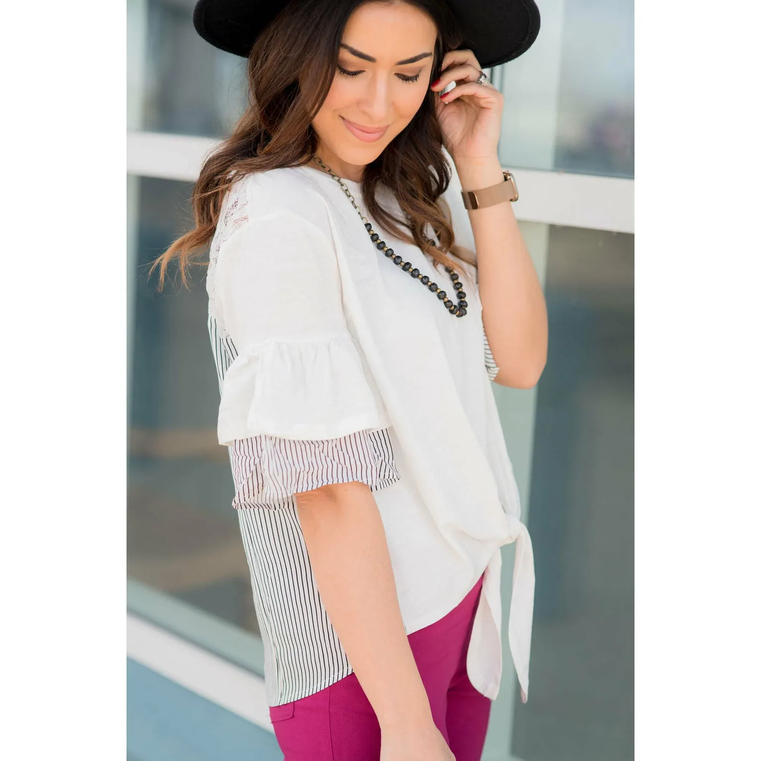 Tie Front Striped Accent Tee