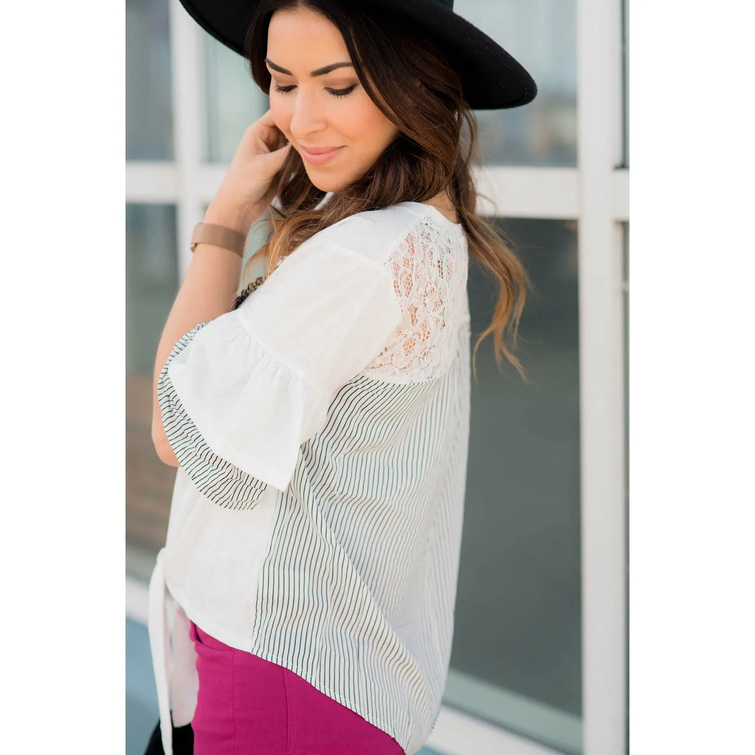 Tie Front Striped Accent Tee