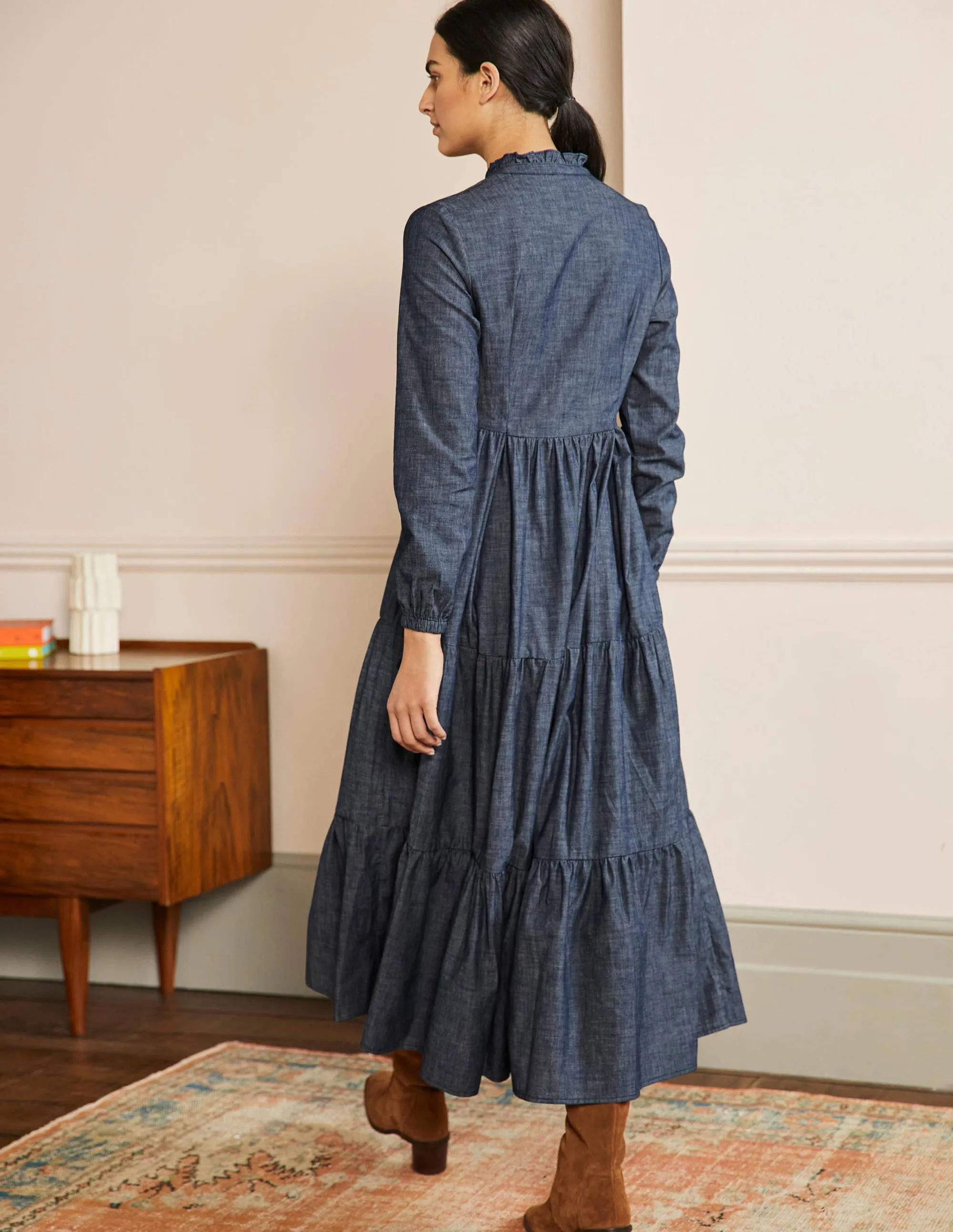 Tiered Maxi Shirt Dress-Denim