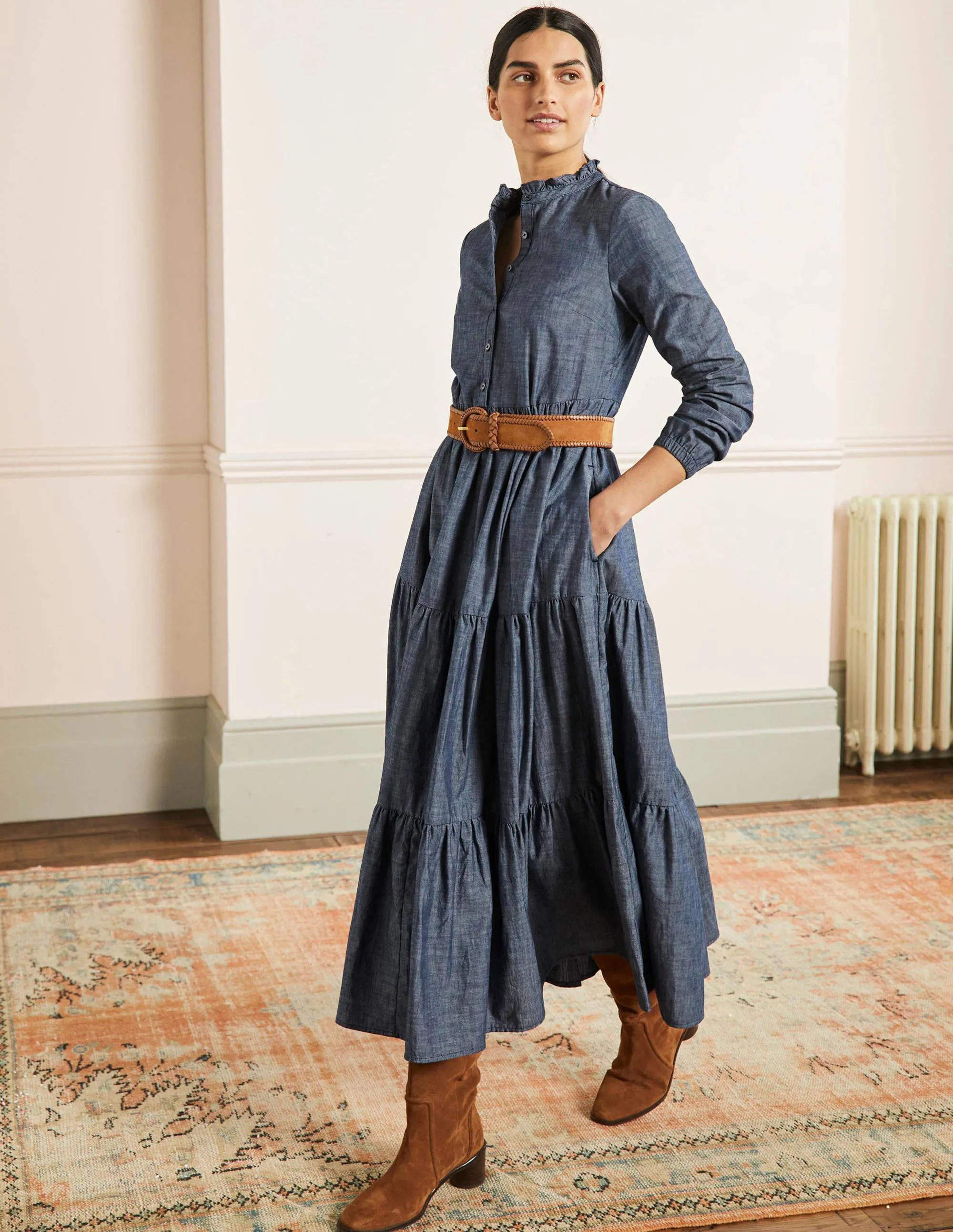 Tiered Maxi Shirt Dress-Denim