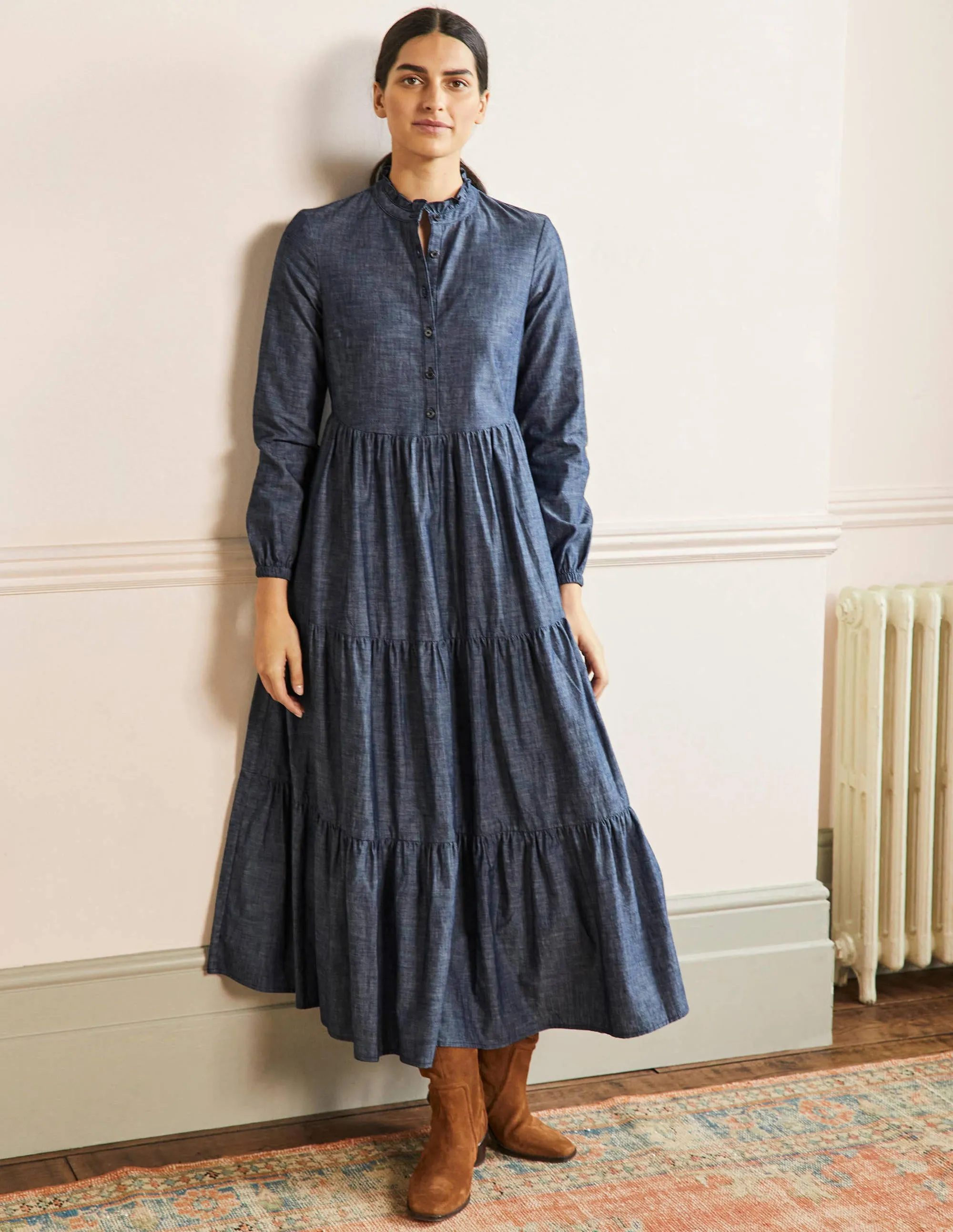 Tiered Maxi Shirt Dress-Denim