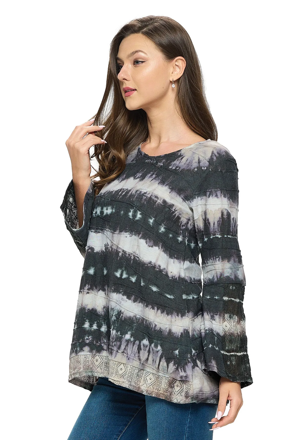 Top Boho Tie Dye Textured Lace Details