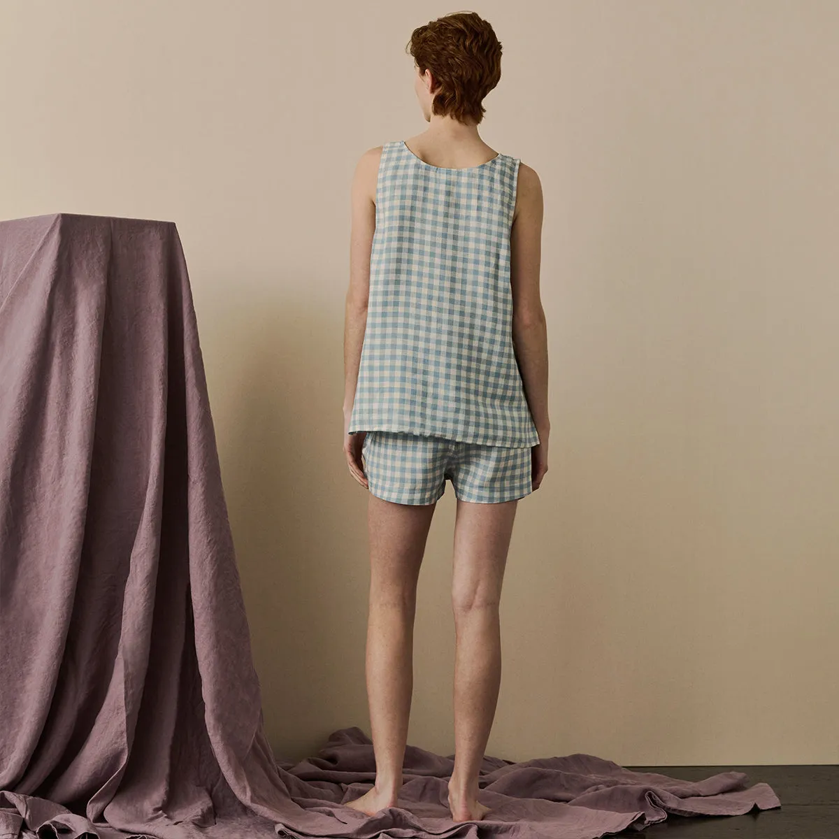 Warm Blue Gingham Linen Cami Set