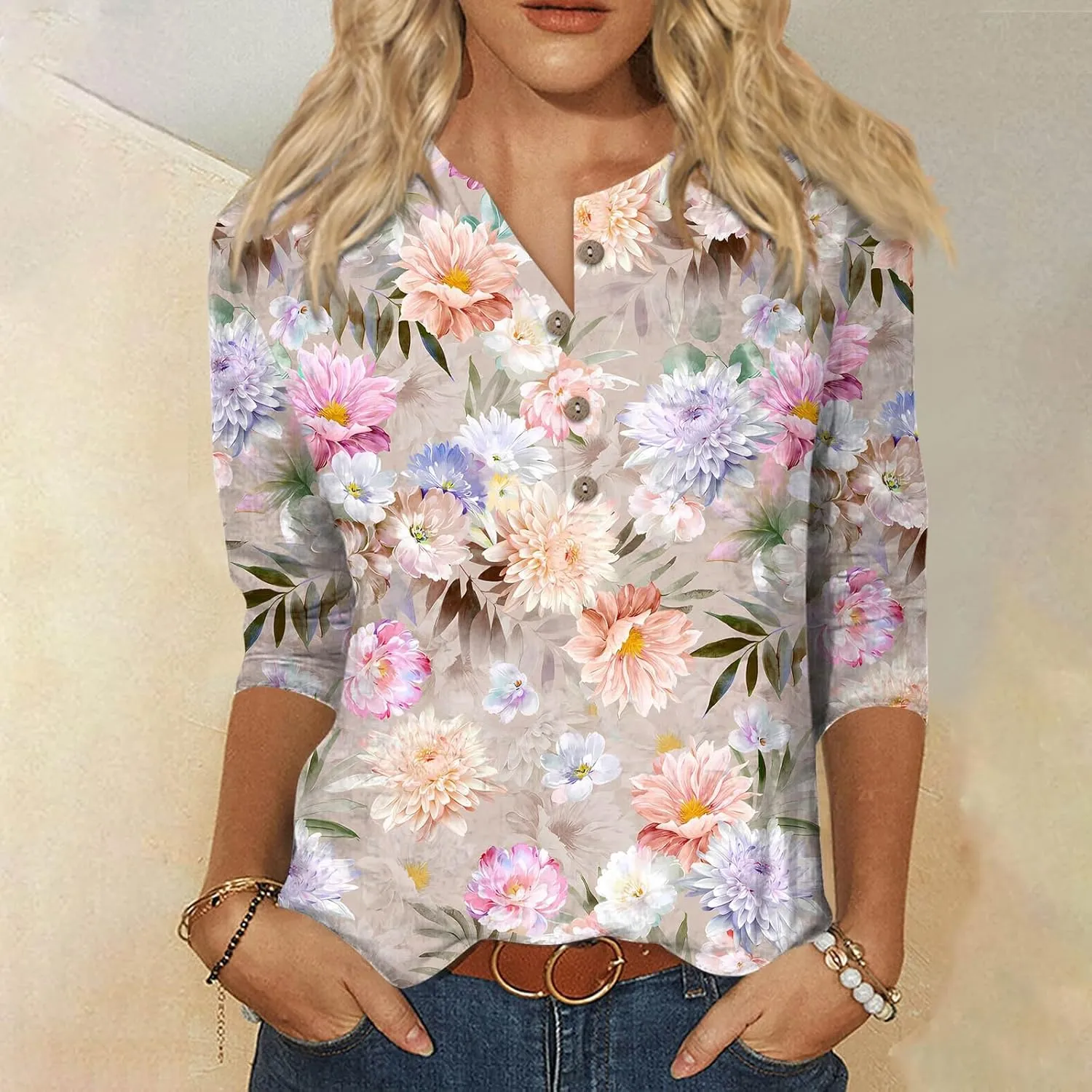 Womens 3/4 Length Sleeve Tops Fashion Casual Button Down Summer Shirts Loose Fit Three Quarter Length Sleeve Blouse