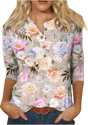Womens 3/4 Length Sleeve Tops Fashion Casual Button Down Summer Shirts Loose Fit Three Quarter Length Sleeve Blouse
