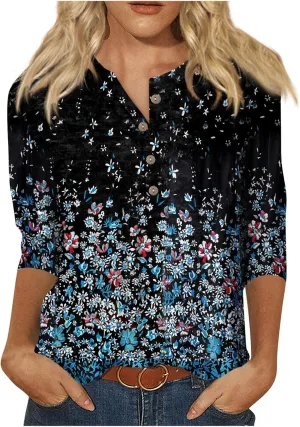 Womens 3/4 Length Sleeve Tops Fashion Casual Button Down Summer Shirts Loose Fit Three Quarter Length Sleeve Blouse