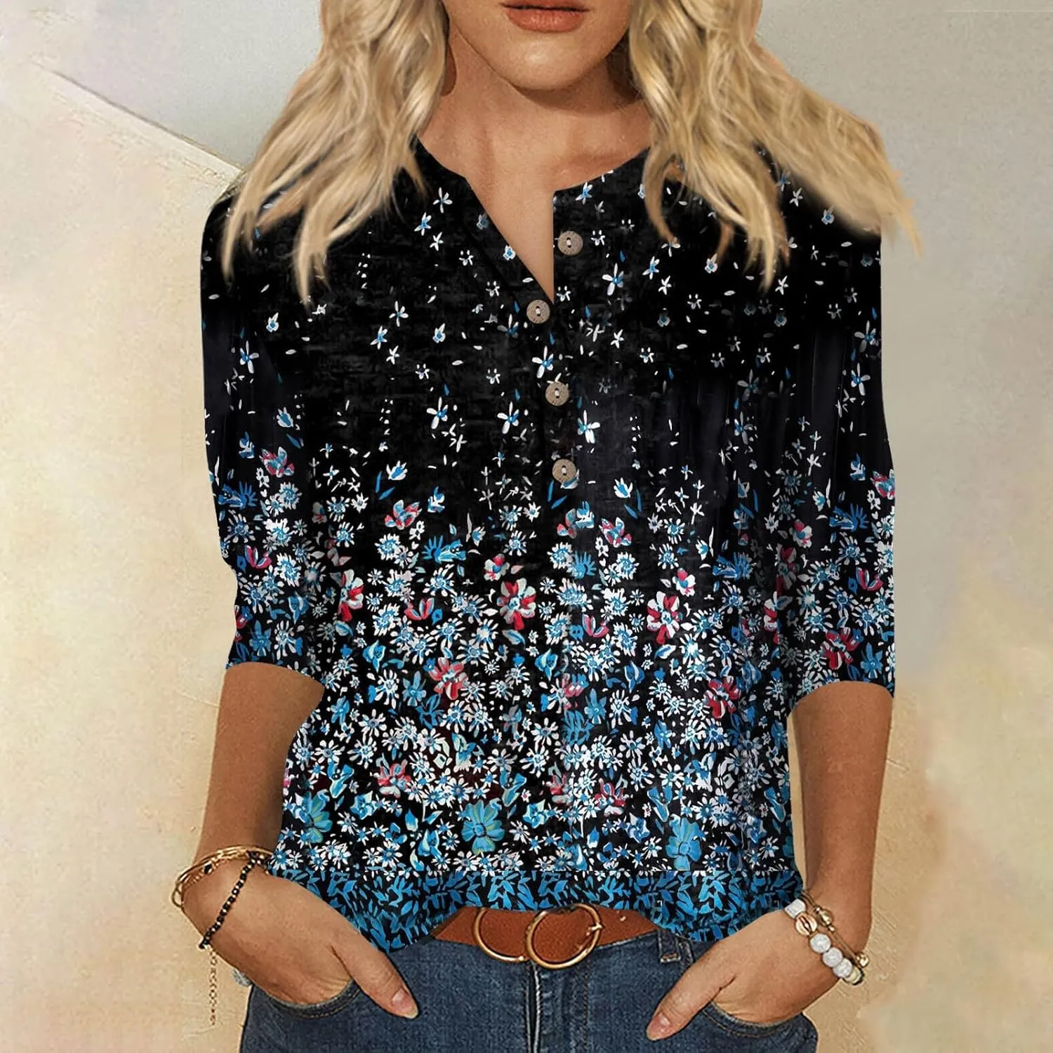 Womens 3/4 Length Sleeve Tops Fashion Casual Button Down Summer Shirts Loose Fit Three Quarter Length Sleeve Blouse