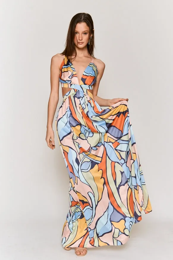 Women's Hers & Mine Abstract Print Cut Out Tie Back Maxi Dress