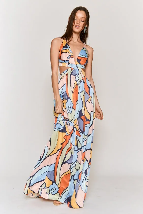 Women's Hers & Mine Abstract Print Cut Out Tie Back Maxi Dress