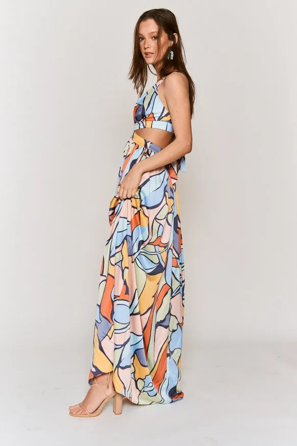 Women's Hers & Mine Abstract Print Cut Out Tie Back Maxi Dress