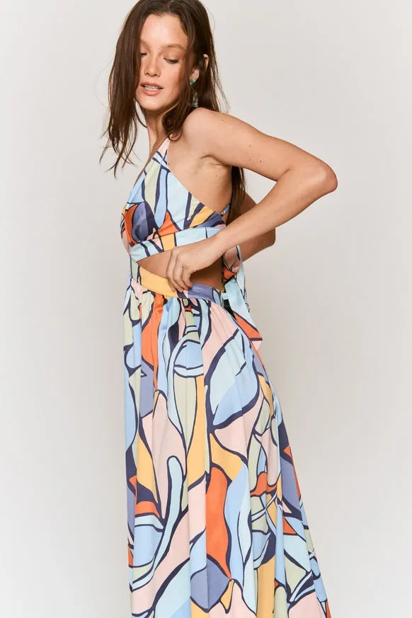 Women's Hers & Mine Abstract Print Cut Out Tie Back Maxi Dress