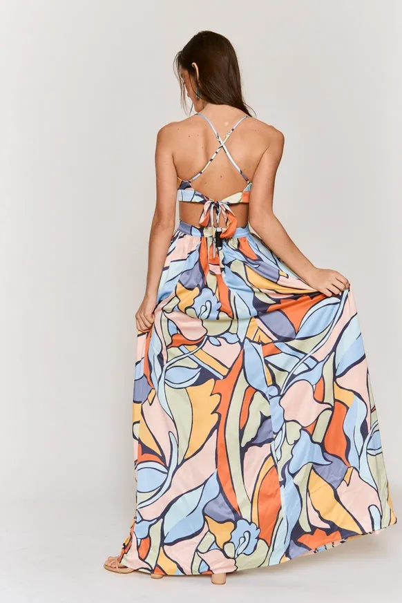 Women's Hers & Mine Abstract Print Cut Out Tie Back Maxi Dress