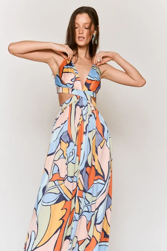Women's Hers & Mine Abstract Print Cut Out Tie Back Maxi Dress