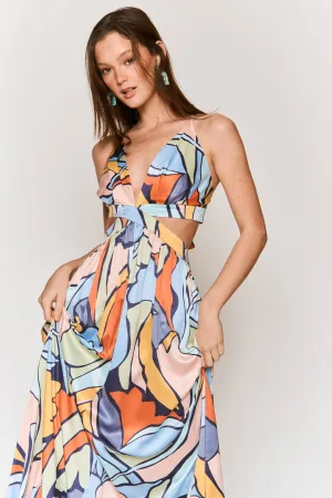 Women's Hers & Mine Abstract Print Cut Out Tie Back Maxi Dress